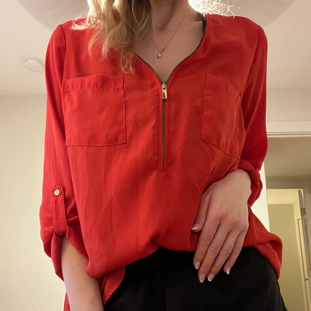 🎉 *3 for 25* Zac & Rachel Women's Red Half Zipper V-Neck Tab Sleeve Tunic - L